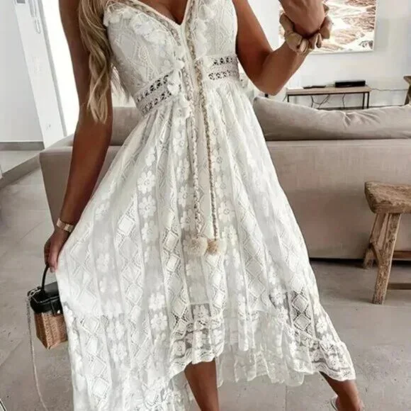 Pom Pom Tassel White Lace Maxi Dress - Picture 2 of 3